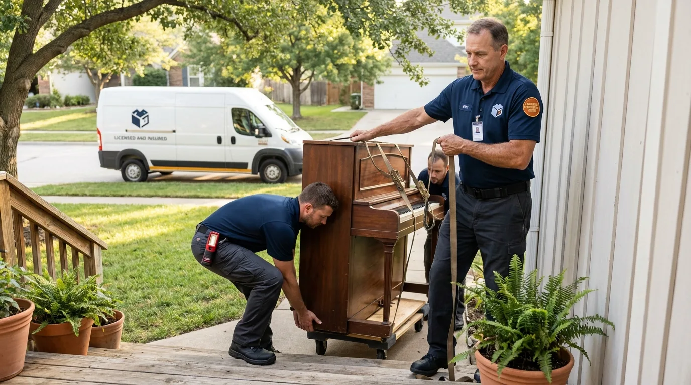Licensed piano movers securing grand piano in Milaca, MN