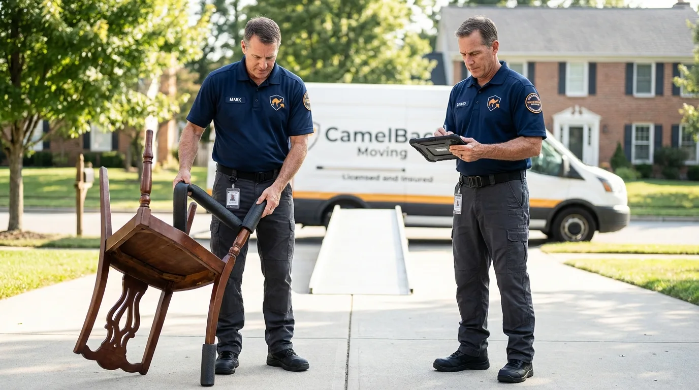 Movers inspecting furniture for damage prevention before loading in Milaca, MN
